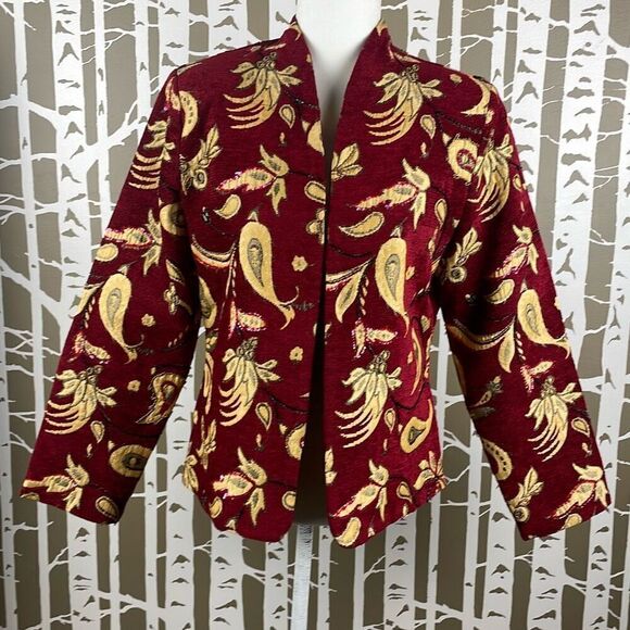 Bob Mackie Vintage Paisley Floral Tapestry Collarless Embellished Blazer - Picture 1 of 9